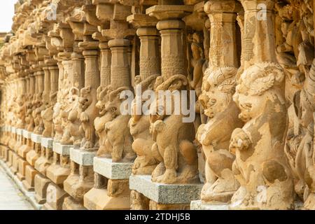 Kailasanathar Tempel antike Idol Statuen Dekoration, Kanchipuram, Tondaimandalam Region, Tamil Nadu, Südindien Stockfoto