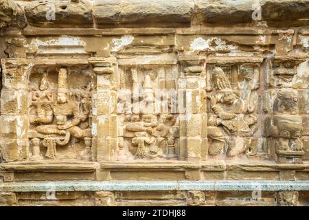 Kailasanathar Tempel antike Idol Statuen Dekoration, Kanchipuram, Tondaimandalam Region, Tamil Nadu, Südindien Stockfoto