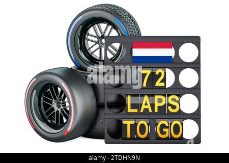 Die Niederlande fahren, Boxenbrett mit der Flagge Hollands und Rennräder mit verschiedenen Reifenmischungen. 3D-Rendering isoliert auf weißem Hintergrund Stockfoto