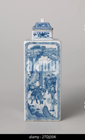 Quadratische Flasche mit erzählenden Szenen von Kriegern in einem Landschape, anonym, um 1675 - ca. 1699 Porzellanflasche quadratischer Flasche, in Unterlaze blau gemalt. Auf Deckel mit Hakenkreuzmuster mit Kartusche mit Glückssymbol (Angeln). Auf dem quadratischen Deckelknopf steht das Zeichen „fú“, Glück. Blau Weiß. Porzellan. Glasur. Kobalt-(Mineral-)Malerei / Glasur Porzellanflasche quadratische Flasche, in Unterlaze blau lackiert. Auf Deckel mit Hakenkreuzmuster mit Kartusche mit Glückssymbol (Angeln). Auf dem quadratischen Deckelknopf steht das Zeichen „fú“, Glück. Blau Weiß. Porzellan. Glasur Stockfoto