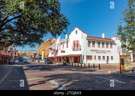 Fort Worth, Texas - 5. November 2023: Altes historisches Gebäude in den berühmten Stockyards, heute ein Geschäft und ein Museum, ft Worth, Texas, USA. Stockfoto