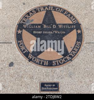 Fort Worth, Texas – 4. November 2023: der texas Trail of Fame ehrt William Bill d. Wittlife mit einem Schild auf Walk of Fame in Fort Worth Stockyards. Stockfoto