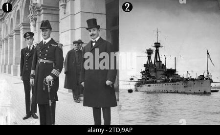 01/31/1921. La Coruna. Der Besuch eines belgischen Prinzen. 1. Prinz Karl Graf von Flandern (X), Sohn der Könige von Belgien, mit dem Kommandeur des englischen Schiffes, auf dem er als Navy Guard segelt und die Stadt Hall2 verlässt. Die Schlachtschiffschule Temeraire, an Bord der Prinz segelt. Quelle: Album / Archivo ABC / A. González Stockfoto