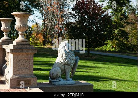 The Crane Estate - Ipswich, Massachusetts. Eine klassische Betonskulptur eines Löwen in der späten Herbstsonne steht vor dem hinteren Eingang des Stockfoto