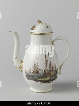 Kaffeekanne, Porceleinfabriek aan den Amstel, ca. 1784 - ca. 1809 Kaffeekanne mit Deckel, birnenförmig auf dem herausragenden Fußring, bunt dekoriert mit Wasserlandschaften umgeben von Kornblumen. Markiert: Amstel in Unterlazeblaze und Ingrift 16. Ouder-Amstel Porzellan-Kaffeepfanne mit Deckel, birnenförmig auf dem herausragenden Fußring, bunt dekoriert mit Wasserlandschaften umgeben von Kornblumen. Markiert: Amstel in Unterlazeblaze und Ingrift 16. Ouder-Amstel Porzellan Stockfoto