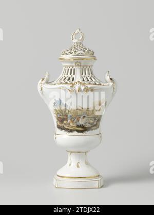 Gruppe von Vasen, Manufaktur Oud-Loosdrecht, 1784 Vase aus Porzellan. Hals und Deckel sind offen. Gemalt mit Enten in einem Teich auf der einen Seite, eine Landschaft auf der anderen. Loosdrecht Porzellanvase aus Porzellan. Hals und Deckel sind offen. Gemalt mit Enten in einem Teich auf der einen Seite, eine Landschaft auf der anderen. Loosdrecht Porzellan Stockfoto