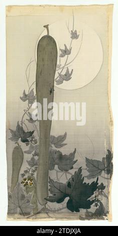 Wilde Gurke mit Vollmond, Ohara Koson, 1887 - 1945 zwei Früchte der wilden Gurke mit ein paar Zweigen für einen Vollmond. Japan Malerei: Seidenpinsel zwei Früchte der wilden Gurke mit ein paar Zweigen für einen Vollmond. Japanische Malerei: Seidenpinsel Stockfoto