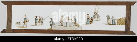 Unterhaltung im Freien, anonym, ca. 1700 - ca. 1800 Glasplatte in einem hölzernen Rohholz. Panorama von Männern und Frauen, die unter freiem Himmel spielen. Auf der linken Seite werden ein Mann und eine Frau von einem Mann auf einer Schaukel geschoben, während eine Mutter ihr Kind beobachtet. Neben seinen zwei Männern, die wieder auf eine Flasche pumpen. Auf der Rückseite der Strecke unterhalten sich zwei Männer und ein Mann steht rechts draußen auf der Strecke. Außerdem hat der Linke einen Stock in der Hand. Ganz rechts ein Mann mit einem Korb in der Hand, wo ein Hund hinten kommt. Niederlande Glas. Holz (Pflanzenmatte Stockfoto