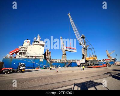 Betonfertigteile werden im Rahmen der Operation Deep Freeze 2024 auf das Charterschiff MV Ocean Gladiator geladen. Der Frachtbetrieb wird von der MSC Expeditionary Port Unit 114 in Port Hueneme, Kalifornien, koordiniert Operation Deep Freeze ist ein gemeinsamer Dienst, der die Unterstützung der Zivilbehörden durch die National Science Foundation (NSF) unterstützt, die für das United States Antarctic Program verantwortlich ist. Die Unterstützung der Mission besteht aus aktiven Dienst-, Garde- und Reserve-Personal der US-Luftwaffe, Navy, Armee und Küstenwache AS Stockfoto