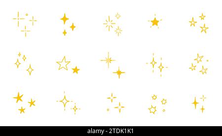 Handgezeichneter goldener Stern glitzert mit Doodle Set. Gelber Stern Glanz Glitzer, Funken Glitter, magische Partei Licht Vektor Illustration. Handgezeichnete Skizzen im Doodle-Stil-Linie mit Glitzerelementen Stock Vektor