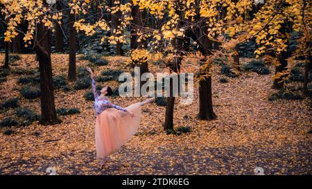 Asiatische Tänzer tanzen im Wald, die Kunst des Tanzens in der Natur Stockfoto