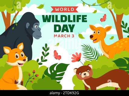 World Wildlife Day Vector Illustration am 3. März mit verschiedenen A Tieren, um Tier zu schützen und ihr Habitat im Wald in flachem Hintergrund zu bewahren Stock Vektor