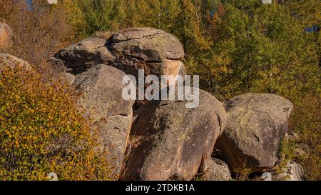 Targasonne Chaos, gebildet von Felsblöcken im Wald mit herbstlichen Farben (Haute Cerdagne, Pyrénées-Orientales, Okzitanien, Frankreich) Stockfoto