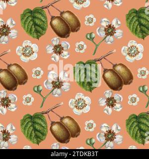 Nahtlose Muster mit leuchtenden Kiwi-Früchten, grünen Blättern und weißen blühenden Blumen für die Gestaltung von Stoffen, Textilien, Verpackungen, Verpackungen Stockfoto