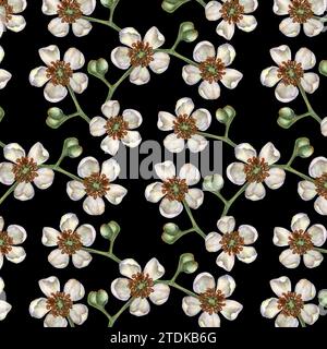 Nahtlose Muster mit leuchtenden Kiwi-Früchten, grünen Blättern und weißen blühenden Blumen für die Gestaltung von Stoffen, Textilien, Verpackungen, Verpackungen Stockfoto