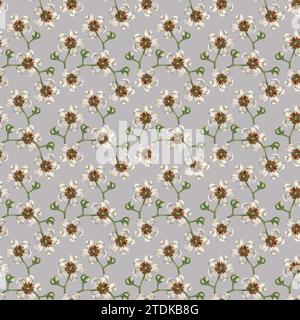 Nahtlose Muster mit leuchtenden Kiwi-Früchten, grünen Blättern und weißen blühenden Blumen für die Gestaltung von Stoffen, Textilien, Verpackungen, Verpackungen Stockfoto
