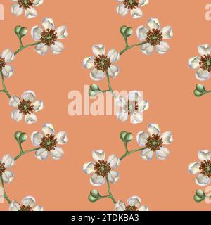Nahtlose Muster mit leuchtenden Kiwi-Früchten, grünen Blättern und weißen blühenden Blumen für die Gestaltung von Stoffen, Textilien, Verpackungen, Verpackungen Stockfoto
