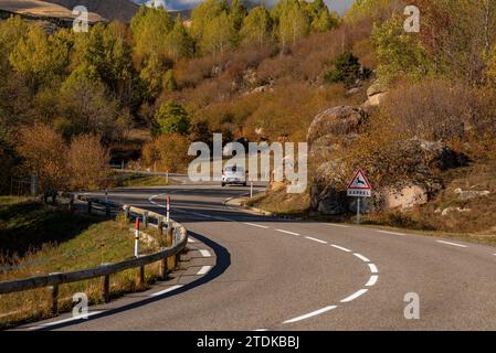 Targasonne Chaos, gebildet von Felsblöcken im Wald mit herbstlichen Farben (Haute Cerdagne, Pyrénées-Orientales, Okzitanien, Frankreich) Stockfoto