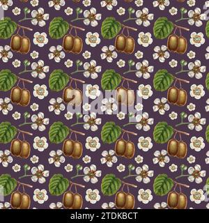 Nahtlose Muster mit leuchtenden Kiwi-Früchten, grünen Blättern und weißen blühenden Blumen für die Gestaltung von Stoffen, Textilien, Verpackungen, Verpackungen Stockfoto