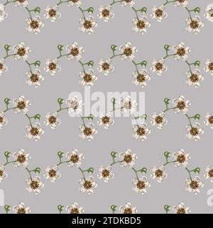 Nahtlose Muster mit leuchtenden Kiwi-Früchten, grünen Blättern und weißen blühenden Blumen für die Gestaltung von Stoffen, Textilien, Verpackungen, Verpackungen Stockfoto
