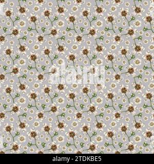 Nahtlose Muster mit leuchtenden Kiwi-Früchten, grünen Blättern und weißen blühenden Blumen für die Gestaltung von Stoffen, Textilien, Verpackungen, Verpackungen Stockfoto