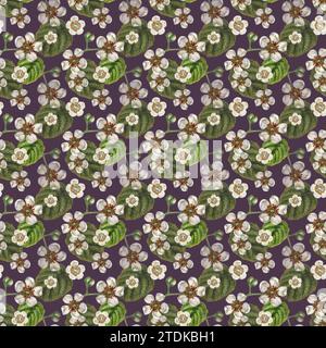 Nahtlose Muster mit leuchtenden Kiwi-Früchten, grünen Blättern und weißen blühenden Blumen für die Gestaltung von Stoffen, Textilien, Verpackungen, Verpackungen Stockfoto