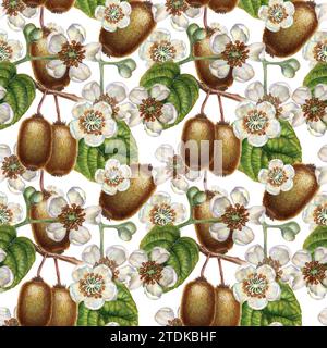 Nahtlose Muster mit leuchtenden Kiwi-Früchten, grünen Blättern und weißen blühenden Blumen für die Gestaltung von Stoffen, Textilien, Verpackungen, Verpackungen Stockfoto
