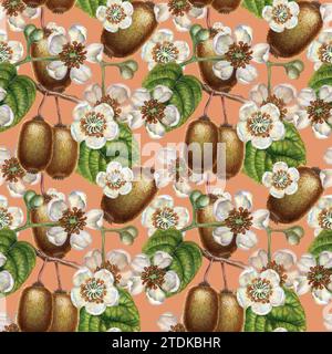 Nahtlose Muster mit leuchtenden Kiwi-Früchten, grünen Blättern und weißen blühenden Blumen für die Gestaltung von Stoffen, Textilien, Verpackungen, Verpackungen Stockfoto