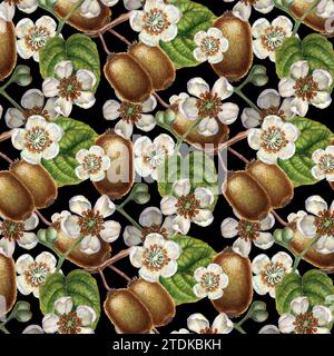 Nahtlose Muster mit leuchtenden Kiwi-Früchten, grünen Blättern und weißen blühenden Blumen für die Gestaltung von Stoffen, Textilien, Verpackungen, Verpackungen Stockfoto