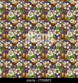 Nahtlose Muster mit leuchtenden Kiwi-Früchten, grünen Blättern und weißen blühenden Blumen für die Gestaltung von Stoffen, Textilien, Verpackungen, Verpackungen Stockfoto