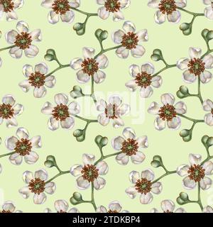 Nahtlose Muster mit leuchtenden Kiwi-Früchten, grünen Blättern und weißen blühenden Blumen für die Gestaltung von Stoffen, Textilien, Verpackungen, Verpackungen Stockfoto