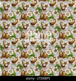 Nahtlose Muster mit leuchtenden Kiwi-Früchten, grünen Blättern und weißen blühenden Blumen für die Gestaltung von Stoffen, Textilien, Verpackungen, Verpackungen Stockfoto
