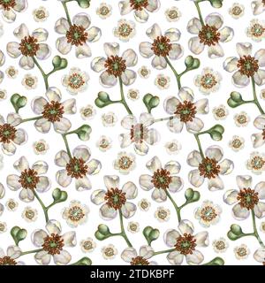 Nahtlose Muster mit leuchtenden Kiwi-Früchten, grünen Blättern und weißen blühenden Blumen für die Gestaltung von Stoffen, Textilien, Verpackungen, Verpackungen Stockfoto