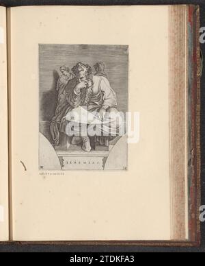 Profeet Jeremia, ca. 1585 der Prophet Jeremia sitzt. Links und rechts des Propheten sind kleine Figuren. Einer der Propheten von Michelangelos Deckengemälde. Titel am unteren Rand und nummeriert unten rechts: 32. Der Ausdruck ist Teil eines Albums. Druckerei: ItalyaFter Gemälde von: Vatikanstadt Papier mit Gravur des Propheten Jeremia sitzend. Links und rechts des Propheten sind kleine Figuren. Einer der Propheten von Michelangelos Deckengemälde. Titel am unteren Rand und nummeriert unten rechts: 32. Der Ausdruck ist Teil eines Albums. Druckerei: ItalienFter Gemälde von: Vatikan City Papiergravi Stockfoto