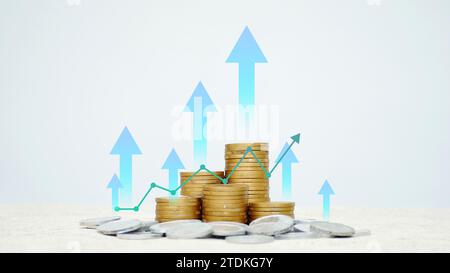 Stapel von Goldmünzen mit steigendem Handelsdiagramm für Finanzkonzepte und Aktienwachstum im Finanzinvestitionsgeschäft. Stockfoto