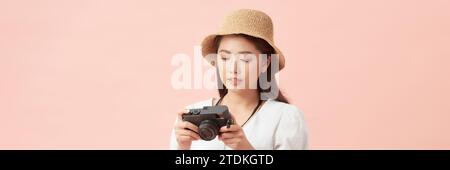 Frau isoliert Gesicht Porträt, Fahne mit nachgestellten Kopie Raum. Stockfoto