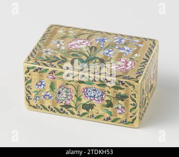 Goldene Schnupfdose, rechteckig, dekoriert mit Blumensträußen in E Mail, Lazare Antoine Clérin, ca. 1752 rechteckige goldene Schnupfbox. Auf allen Seiten Blumensträuße in E-Mail. Entlang der Randewijk XVI Laubreben. Paris Gold (Metall). Rechteckige goldene Schnupfbox. Auf allen Seiten Blumensträuße in E-Mail. Entlang der Randewijk XVI Laubreben. Paris Gold (Metall). Stockfoto