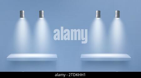 Blaue Wand mit zwei leeren Regalen und Hängeleuchte zur Produktpräsentation. Realistische Vektordarstellung der Plattform, die durch Spotlight beleuchtet wird. Mockup einer Galerie oder eines Ausstellungsstudios. Stock Vektor