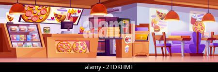 Pizza und Fast Food Restaurant innen. Vektor-Karikaturillustration der Pizzeria mit Tischen und Stühlen, Menütafel, Kaffeemaschine, Ofen, Kasse auf der Theke, Burger auf dem Regal, Plakate an der Wand Stock Vektor