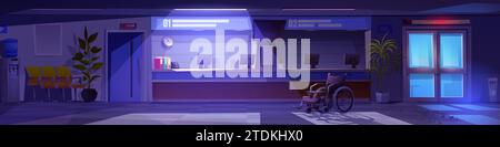 Krankenhausempfangsraum in der Nacht - leerer medizinischer Service Wartebereich innen mit Türen und Computern auf der Registrierungstrese, Stühle für Patienten und Rollstuhl. Cartoon Healthcare Department Hall. Stock Vektor