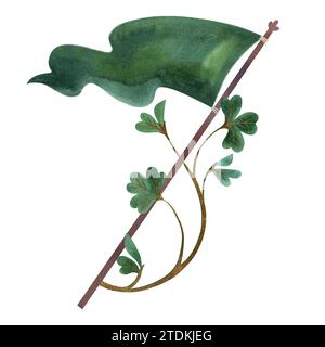 Ein flatterndes grünes Banner, verziert mit einem Kleeblatt für St. Patrick's Day. Isolierte Aquarellillustration auf weißem Hintergrund. Clipart Stockfoto