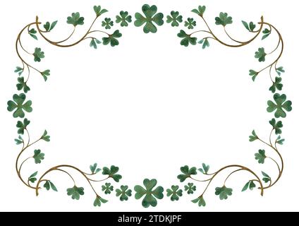 Rahmen aus Kleebrücken-Kleebrüsten. Dekoration für St.. Patrick's Day. Isolierte Aquarellillustration auf weißem Hintergrund. Clipart Stockfoto