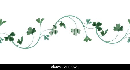 Nahtlose Borte aus Kleeblatt-Zweigen. Dekoration für St.. Patrick's Day. Isolierte Aquarellillustration auf weißem Hintergrund. Clipart Stockfoto