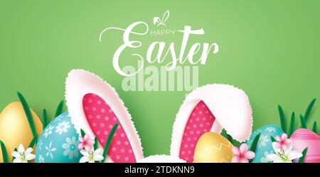 Happy easter Text Vektor Banner Design. Happy easter Grußkarte mit Hasenohren und bunten Eiern Dekorationselemente für die Weihnachtszeit Stock Vektor