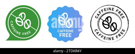 Koffeinfrei, kein Kaffee Emblem Tag Circle Set Label Gummistempel Kollektion in grün blau Farbverlauf und schwarz Stock Vektor