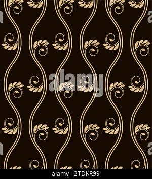 Nahtloses abstraktes Blumenmuster. Dunkelbrauner und goldener Vektor-Hintergrund. Geometrische Blattverzierung. Grafisches, modernes Muster. Stock Vektor