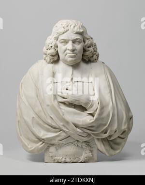 Porträt von Johannes Munter, Bartholomeus Eggers, 1673 die dargestellte Figur ist bis zur Medizin dargestellt. Er sieht direkt vor sich und hält die linke Hand vor die Brust. Die Locken hängen an den Schultern. Er trägt einen Coll Rabat, einen Wambuis und einen Mantel, der sowohl links als auch rechts geschlagen wurde. Die linke Hand ragt aus dem Mantel hervor, deren Daumen und Zeigefinger mit den Akers des Coll Rabat spielen; Eine Manschette am Handgelenk. Die Halbfigur verwandelt sich in einen viereckigen Sockel, auf dem eine Kartusche mit Inschrift steht. Der Rahmen besteht aus einem Kranz aus Eichenlaub Stockfoto