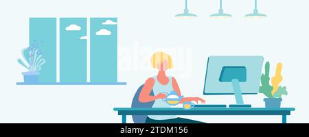 Schüler am Computer. Fernarbeit für einen Freiberufler. Innenraum, Abend, Beleuchtung, Lampen, Zimmerpflanzen, Fenster, Wolken, Abend. Zeichentrickgrafik-Vektor-Illustration. Stock Vektor