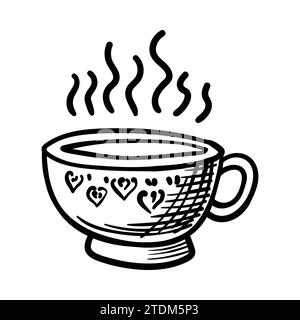Tee- oder Kaffeetasse Vektor Kritzele Hand gezeichnete Linie, isoliert auf weißem Hintergrund Stock Vektor