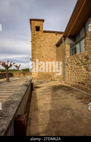 Kirche Sant Pere der Burg Vilopriu an einem bewölkten Herbstnachmittag (Baix Empordà, Girona, Katalonien, Spanien) ESP: Iglesia de Sant Pere de Vilopriu Stockfoto